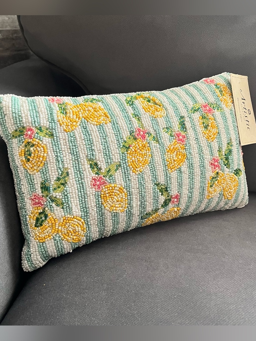 🍋 Artistic Accents Hand Beaded Lemon Lumbar 14”L Accent Pillow NWT | Coastal